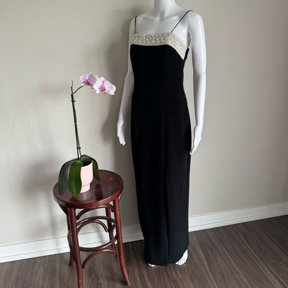 ALEX VTG 90’s Embellished Pearl Black Evening Dress With High Leg Slit - Picture 3 of 9